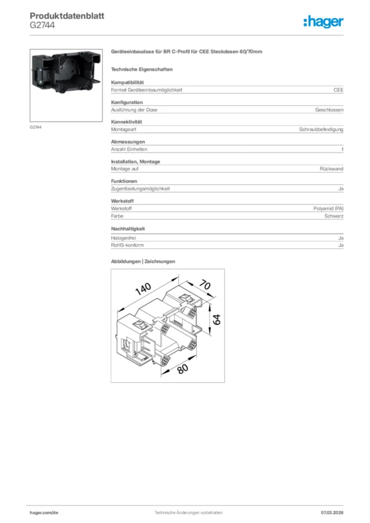 Bild Hager Produktdatenblatt G2744 | Hager Deutschland