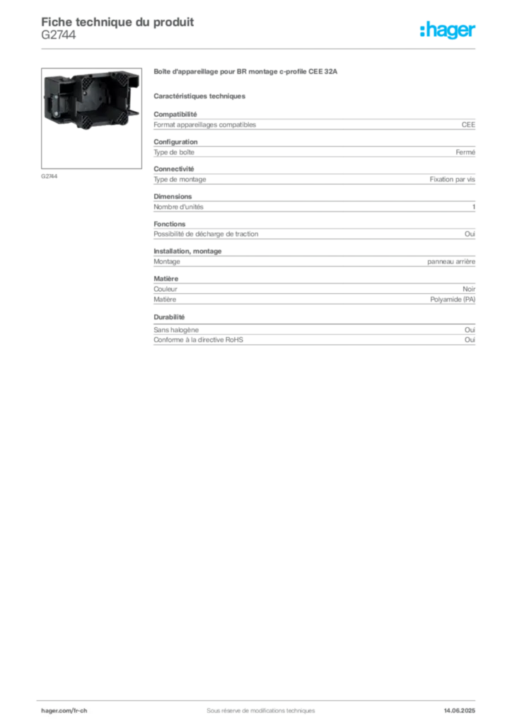 Image Hager Fiche technique du produit G2744 | Hager Suisse
