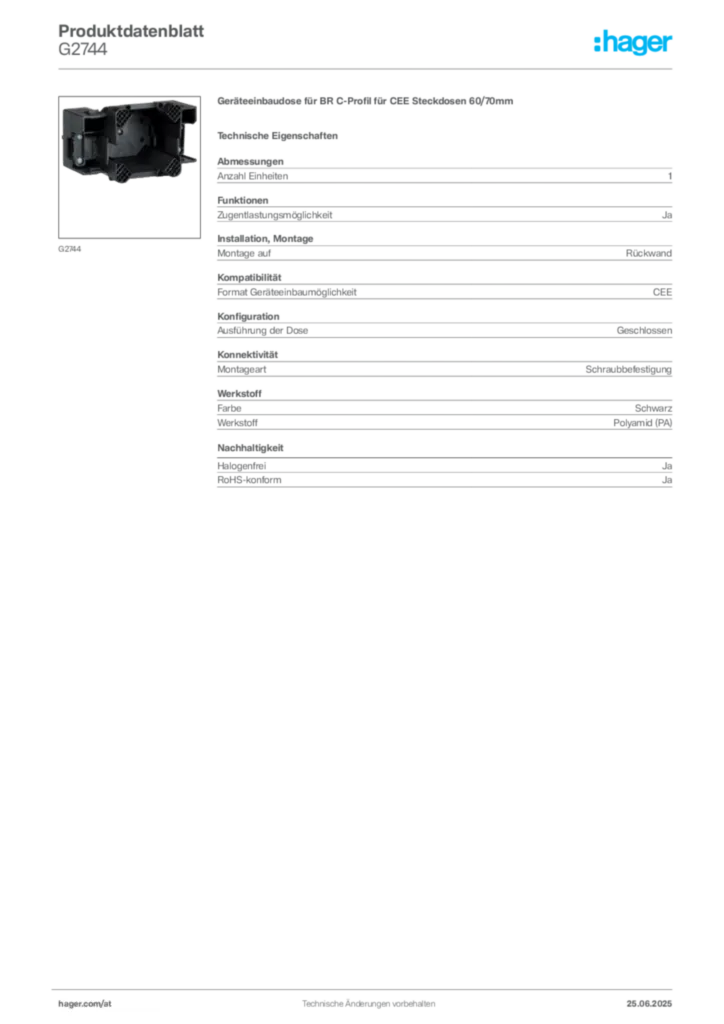 Bild Hager Produktdatenblatt G2744 | Hager Deutschland