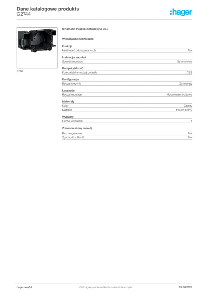Zdjęcie Hager Karta katalogowa G2744 | Hager Polska