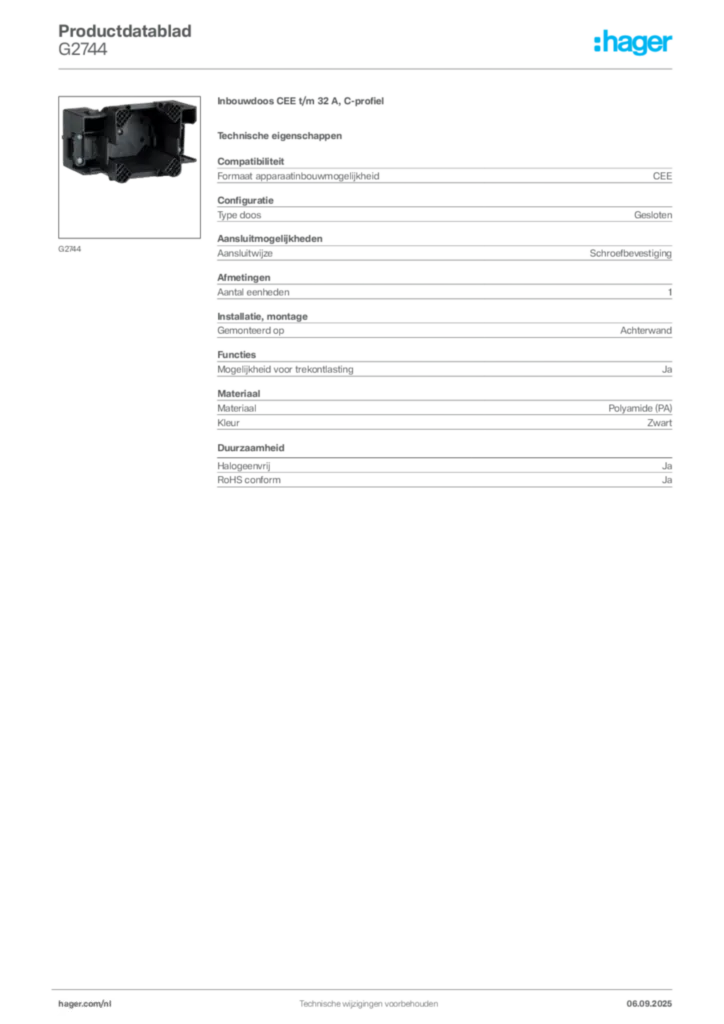 Afbeelding Hager Productdatablad G2744 | Hager Nederland