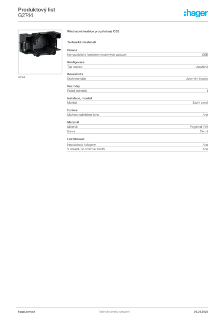 Obrázek Hager Produktový list G2744 | Hager