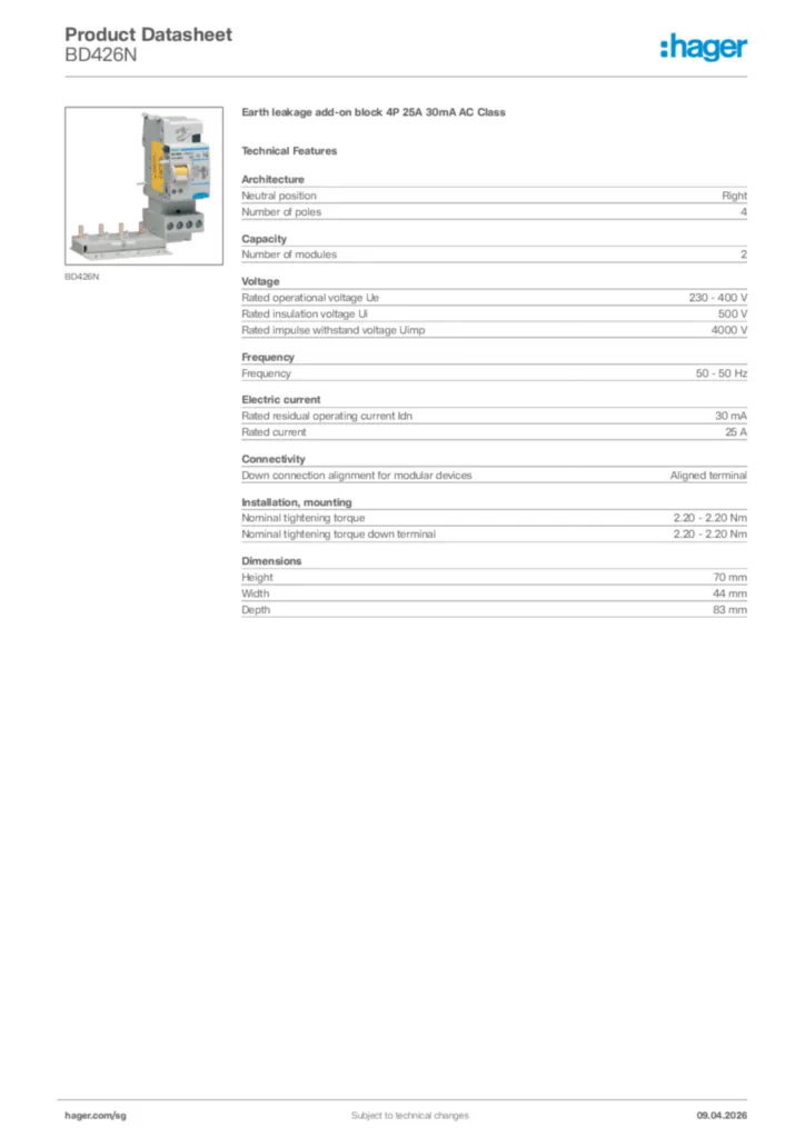 Image Hager Product data sheet BD426N  | Hager