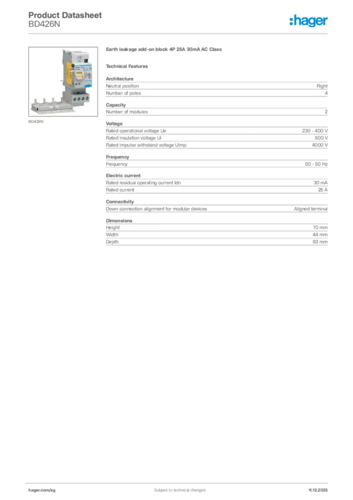 Image Hager Product data sheet BD426N  | Hager