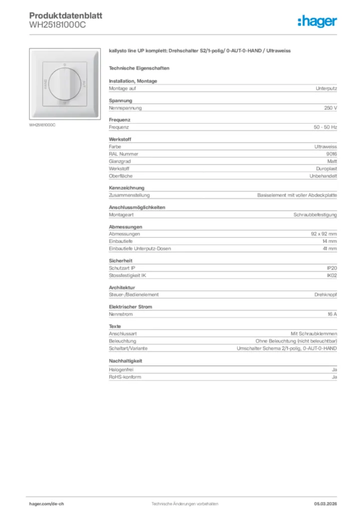Bild Hager Produktdatenblatt WH25181000C | Hager Schweiz