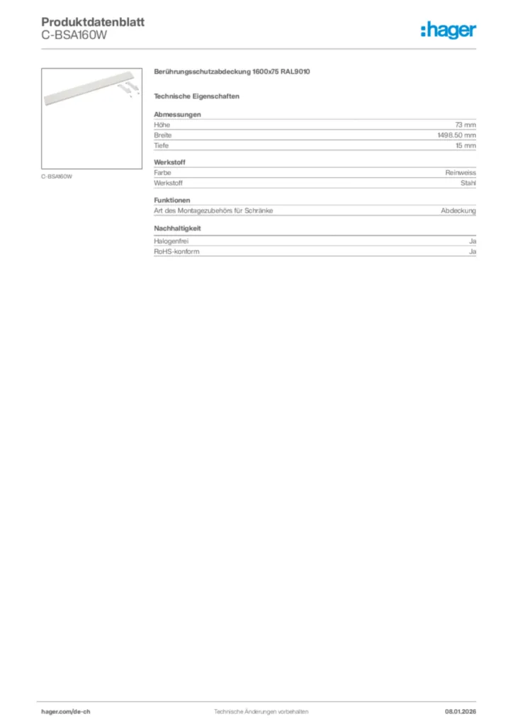 Bild Hager Produktdatenblatt C-BSA160W | Hager Schweiz