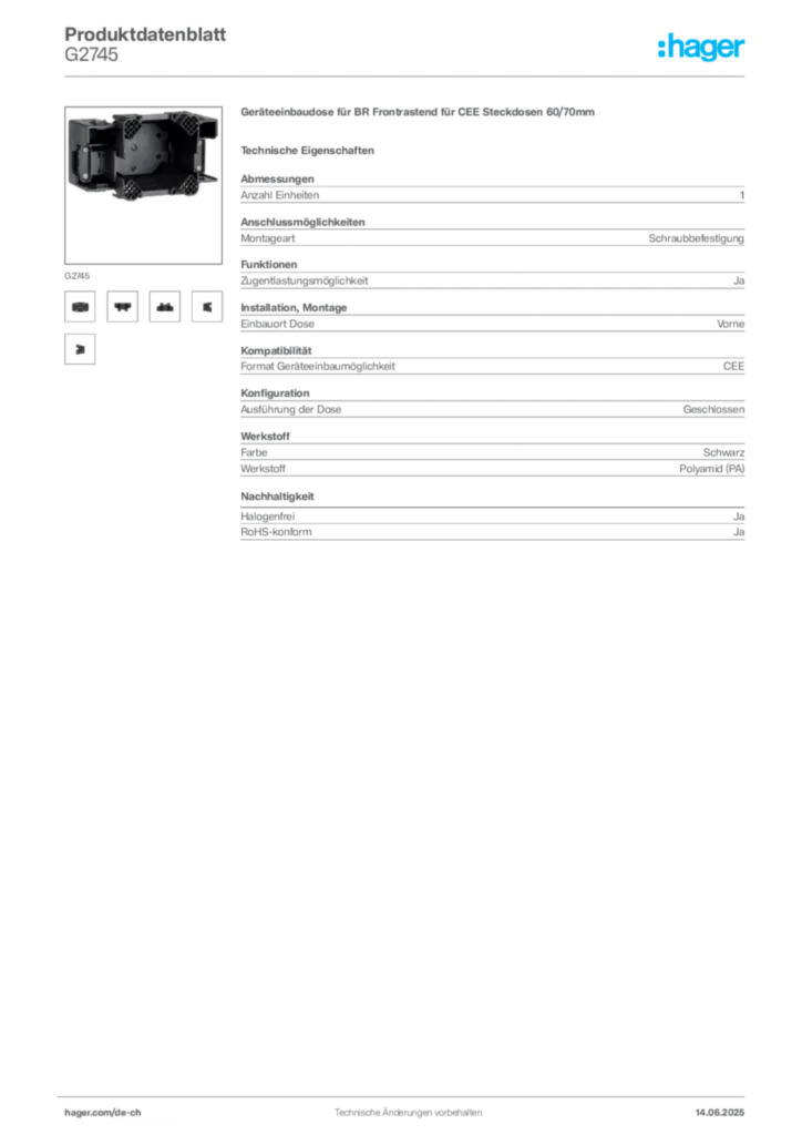 Bild Hager Produktdatenblatt G2745 | Hager Schweiz