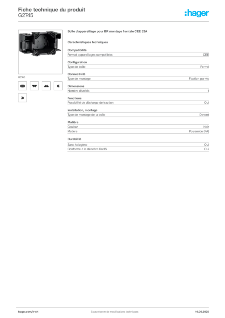 Image Hager Fiche technique du produit G2745 | Hager Suisse