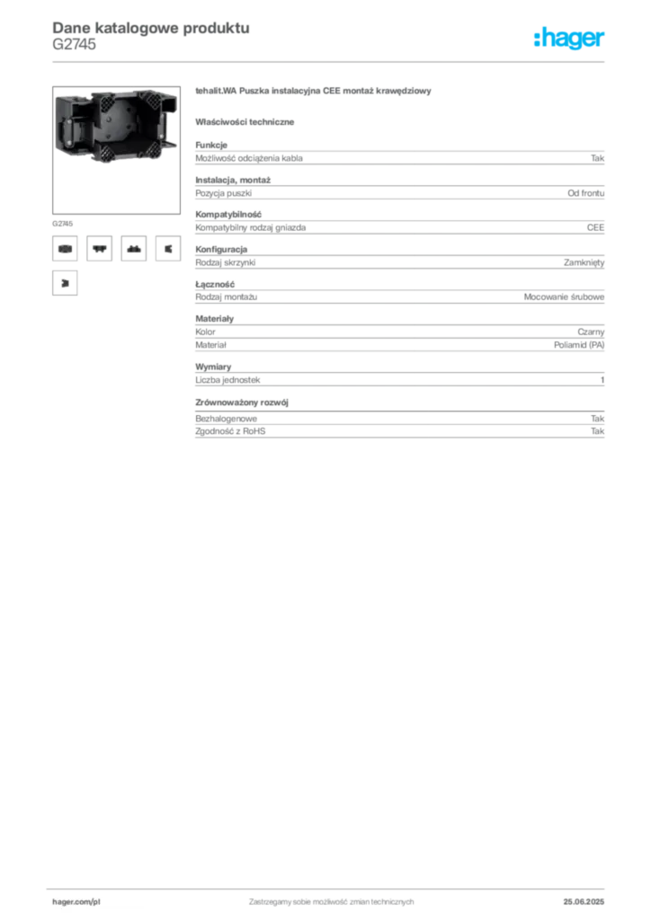 Zdjęcie Hager Karta katalogowa G2745 | Hager Polska