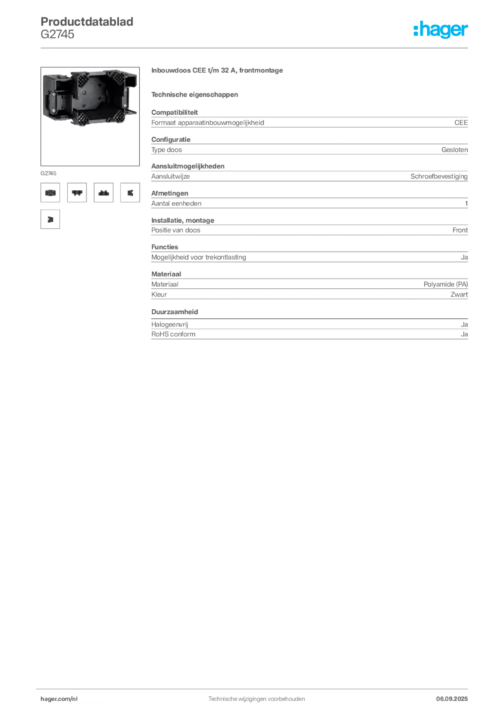Afbeelding Hager Productdatablad G2745 | Hager Nederland