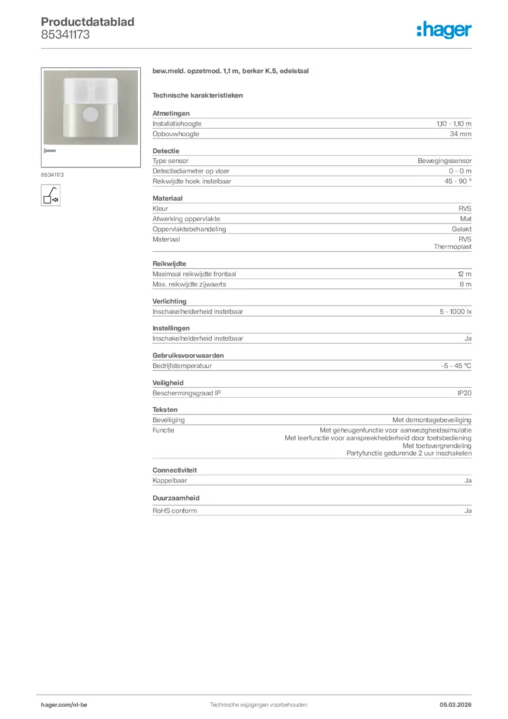 Afbeelding Hager Productdatablad 85341173 | Hager Belgium