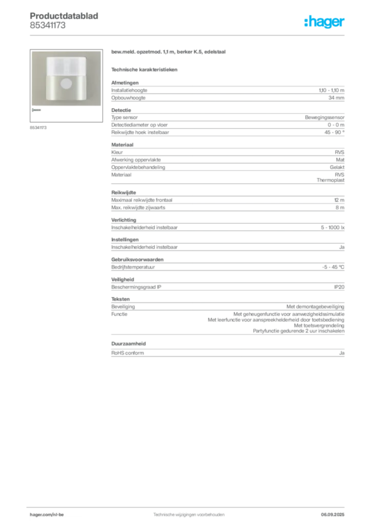 Afbeelding Hager Productdatablad 85341173 | Hager Belgium