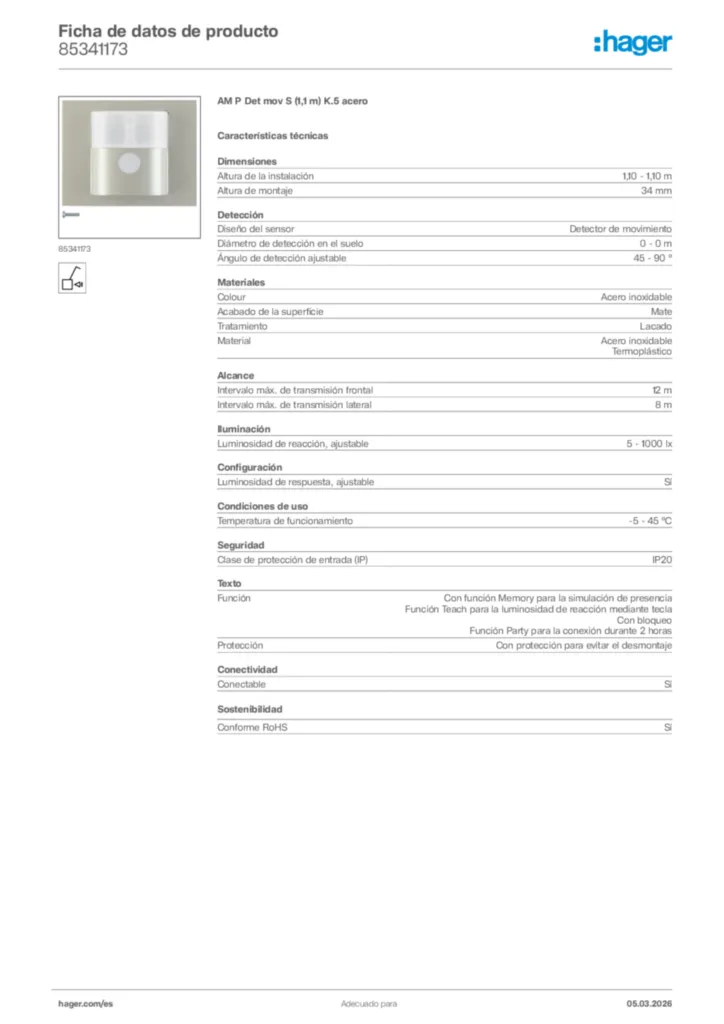 Imagen Hager Ficha de datos de producto 85341173 | Hager España