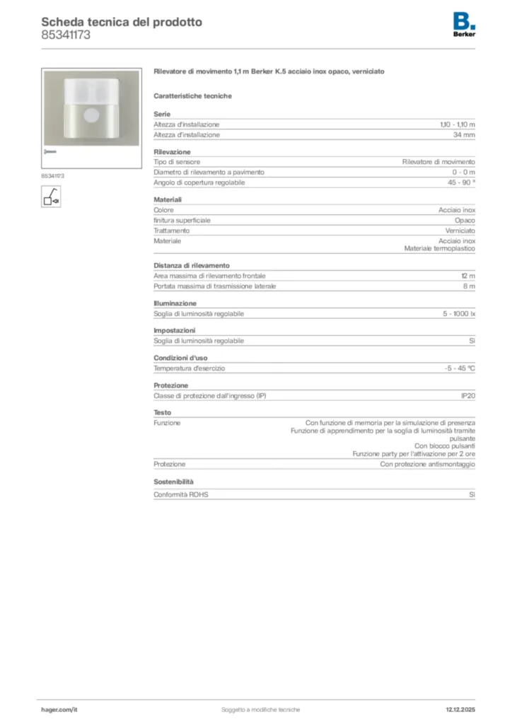 Immagine Berker Scheda tecnica del prodotto 85341173 | Hager Italia