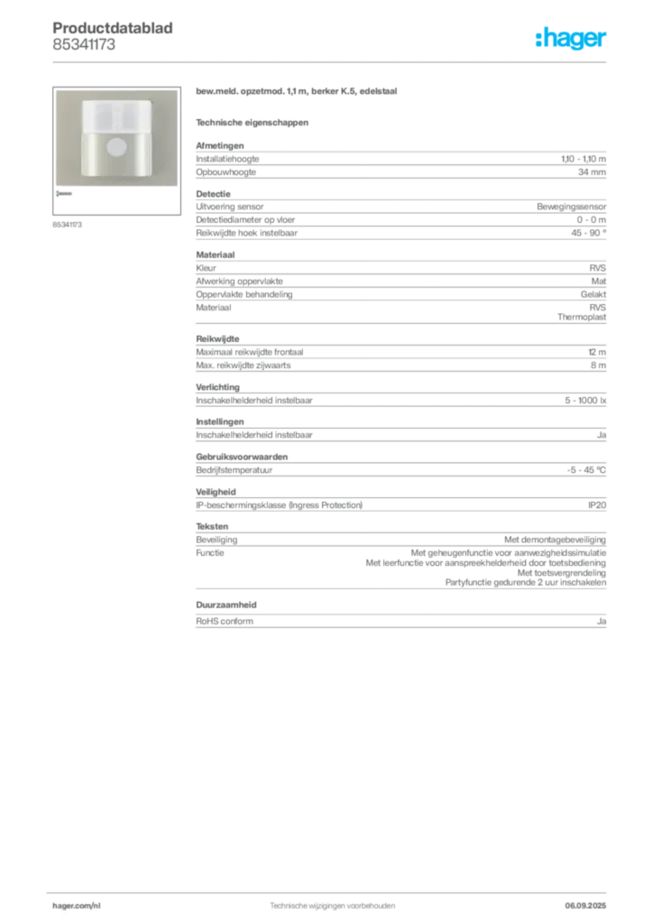 Afbeelding Hager Productdatablad 85341173 | Hager Nederland