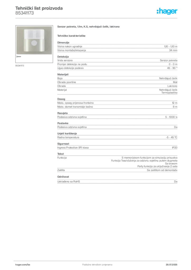 Slika Hager Product data sheet 85341173  | Hager