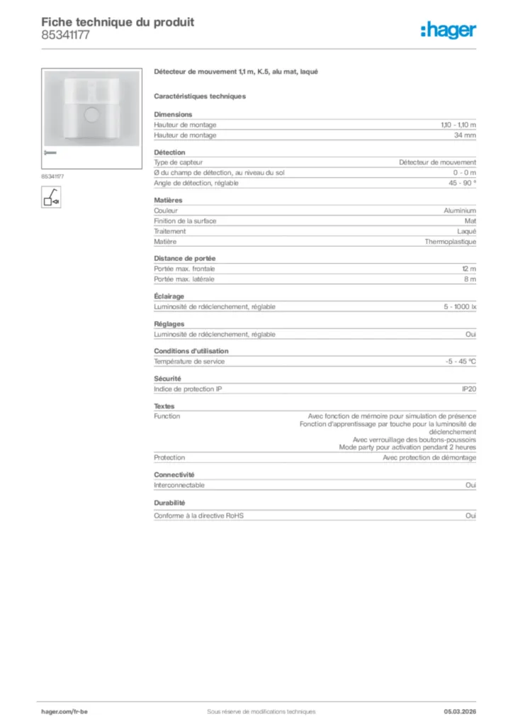 Image Hager Fiche technique du produit 85341177 | Hager Belgique