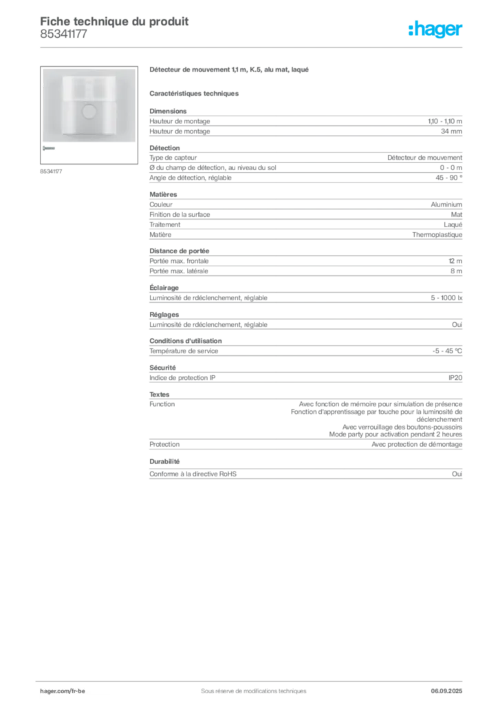 Image Hager Fiche technique du produit 85341177 | Hager Belgique