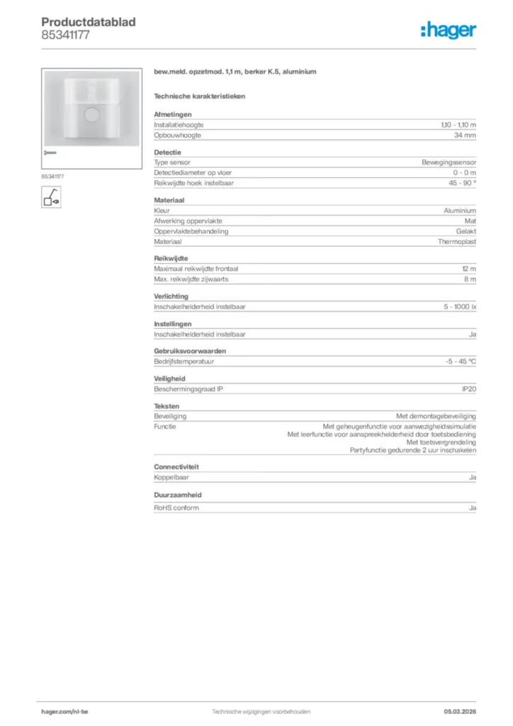 Afbeelding Hager Productdatablad 85341177 | Hager Belgium