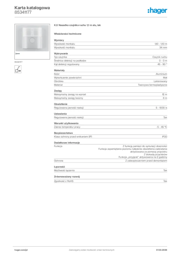 Zdjęcie Hager Karta katalogowa 85341177 | Hager Polska