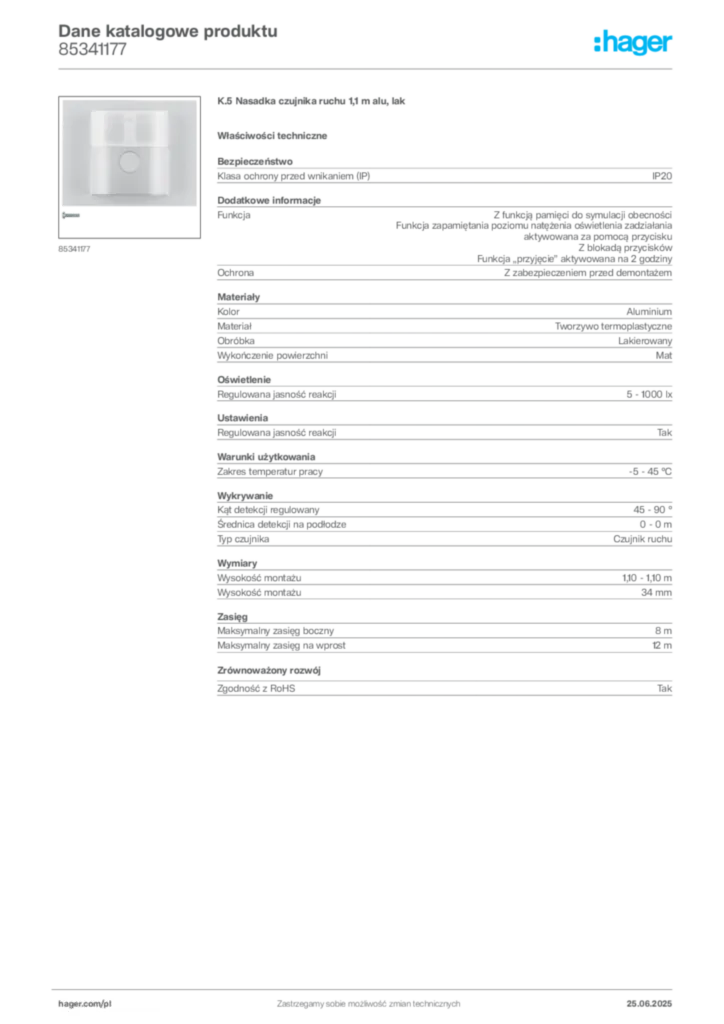 Zdjęcie Hager Karta katalogowa 85341177 | Hager Polska