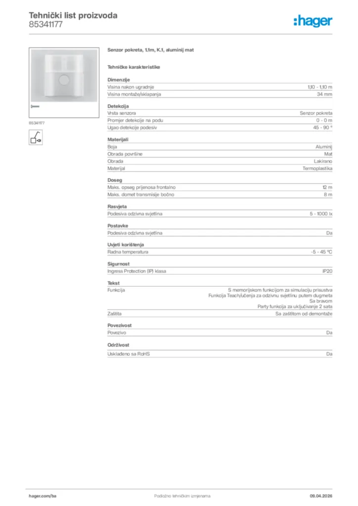 Slika Hager Tehnički list proizvoda 85341177  | Hager