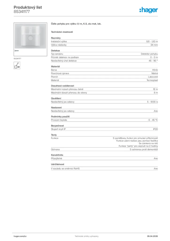 Obrázek Hager Product data sheet 85341177 | Hager