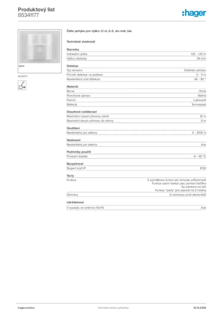 Obrázek Hager Produktový list 85341177 | Hager
