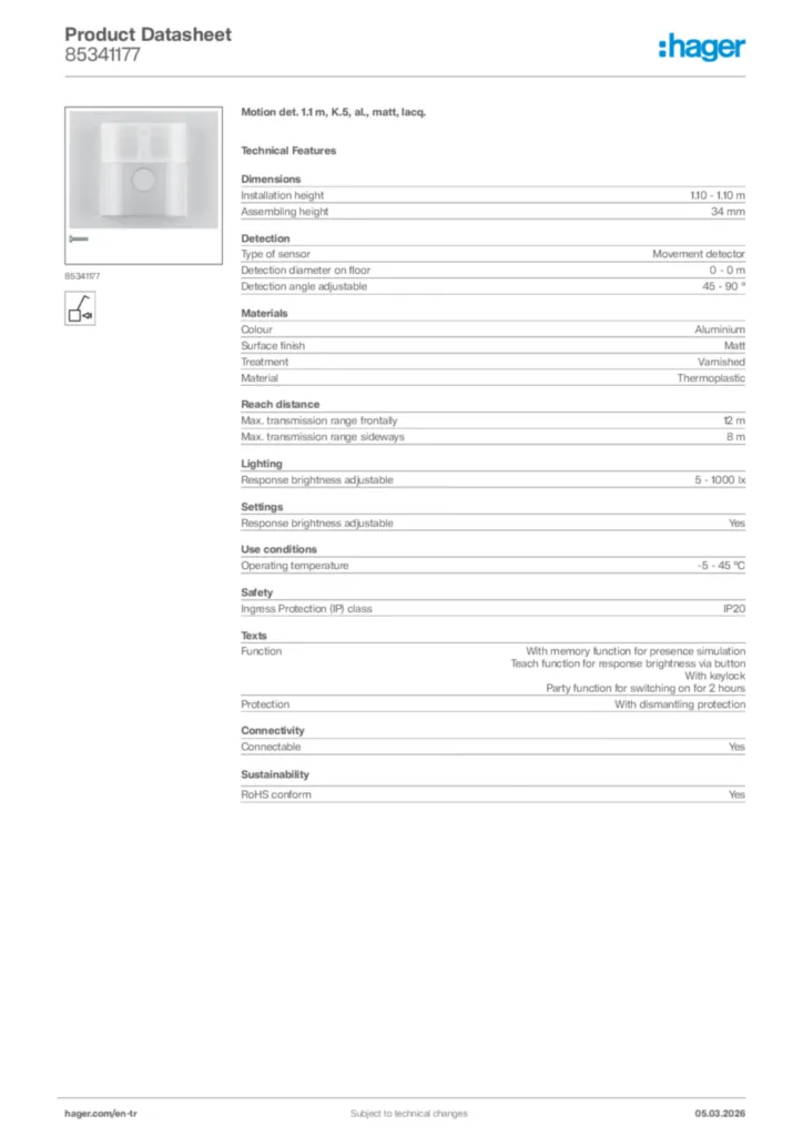 Image Hager Product data sheet 85341177  | Hager