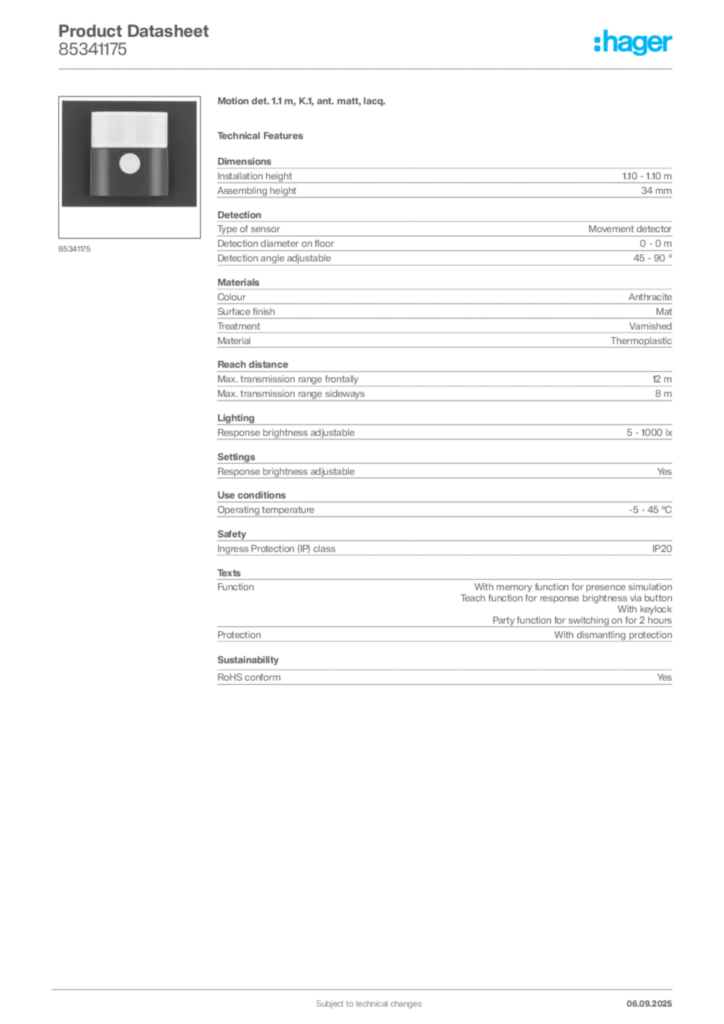 Image Hager Product data sheet 85341175  | Hager
