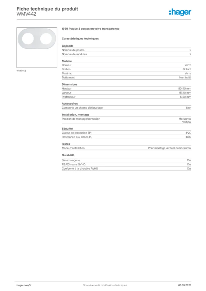 Image Hager Fiche technique du produit WMV442 | Hager France