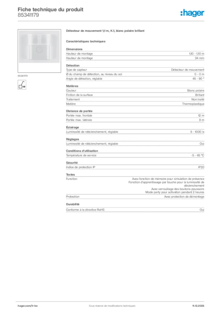 Image Hager Fiche technique du produit 85341179 | Hager Belgique