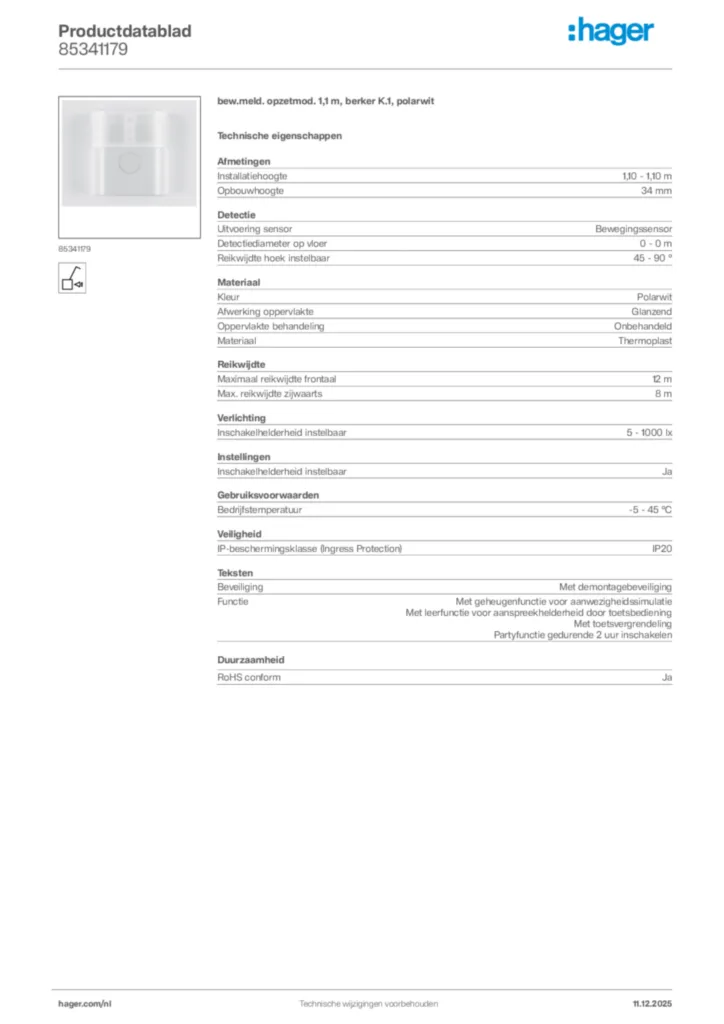 Afbeelding Hager Productdatablad 85341179 | Hager Nederland