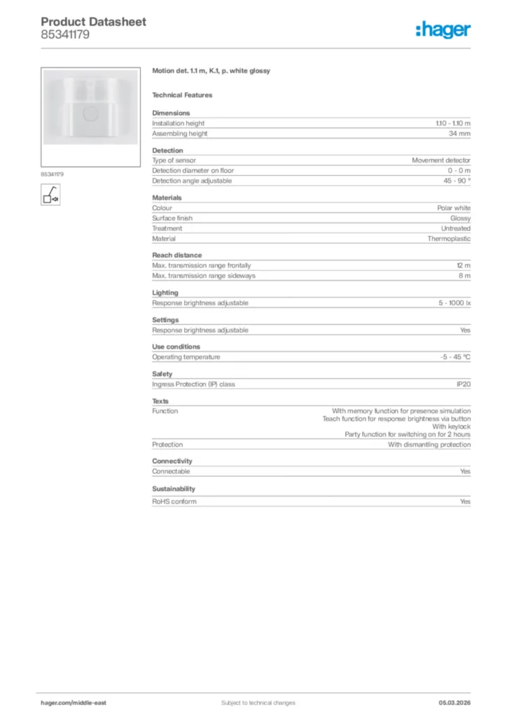 Image Hager Product data sheet 85341179  | Hager