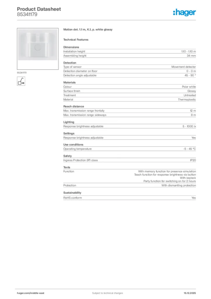 Image Hager Product data sheet 85341179  | Hager