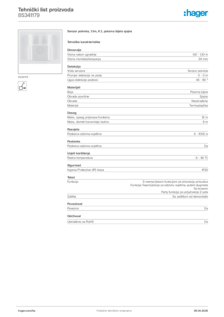 Slika Hager Tehnički list proizvoda 85341179  | Hager