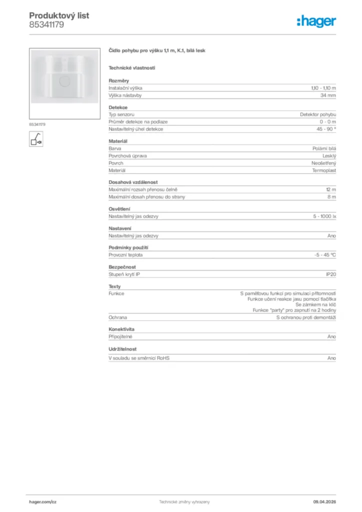 Obrázek Hager Product data sheet 85341179 | Hager