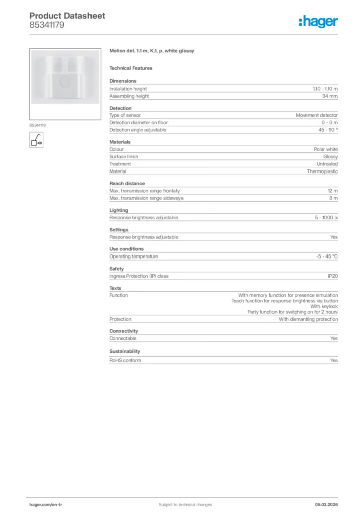 Image Hager Product data sheet 85341179  | Hager