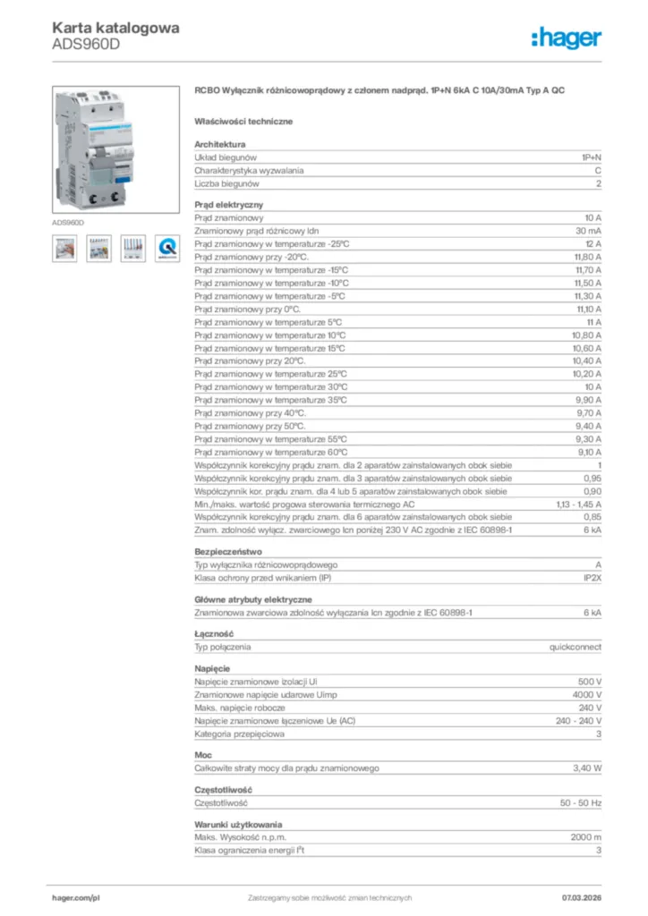 Zdjęcie Hager Karta katalogowa ADS960D | Hager Polska