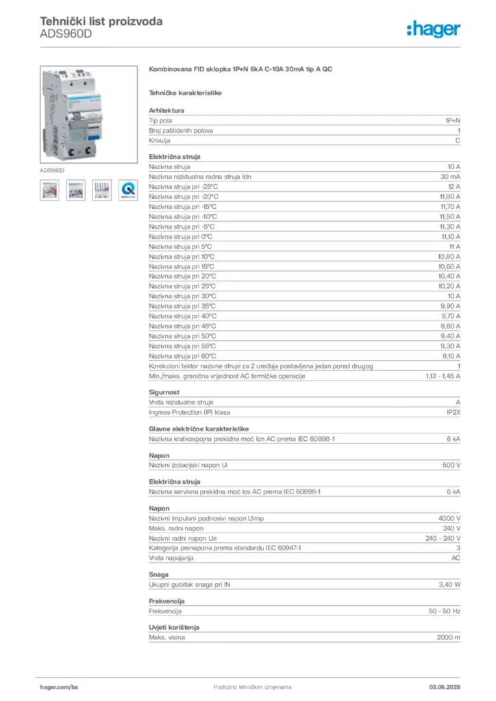 Slika Hager Tehnički list proizvoda ADS960D  | Hager