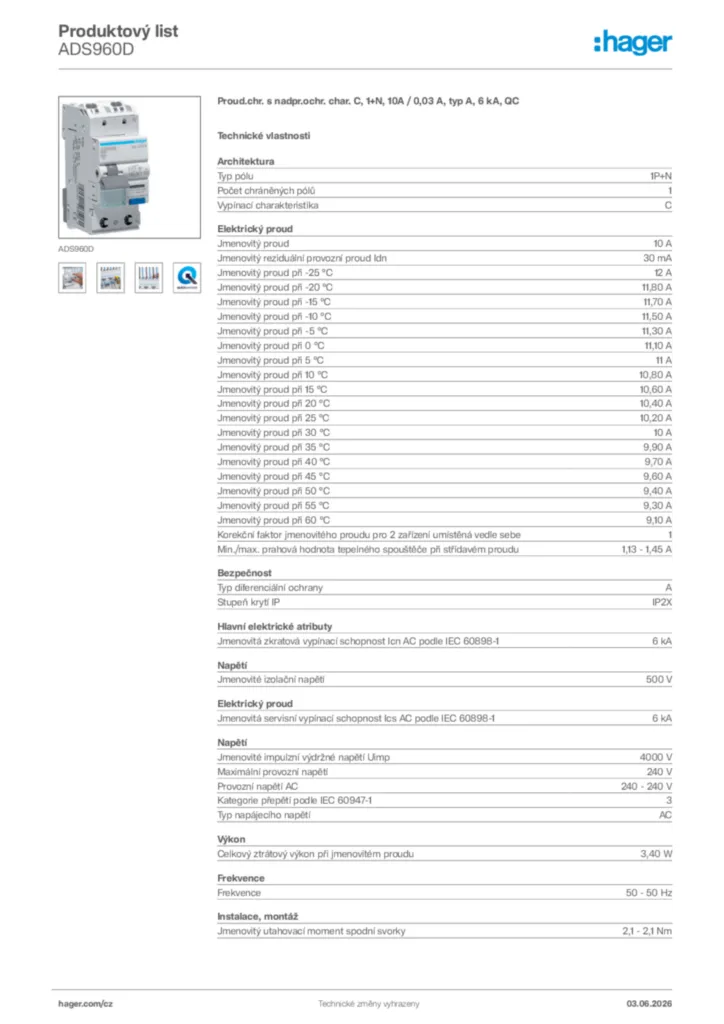 Obrázek Hager Generováno - Datový list produktu ADS960D | Hager
