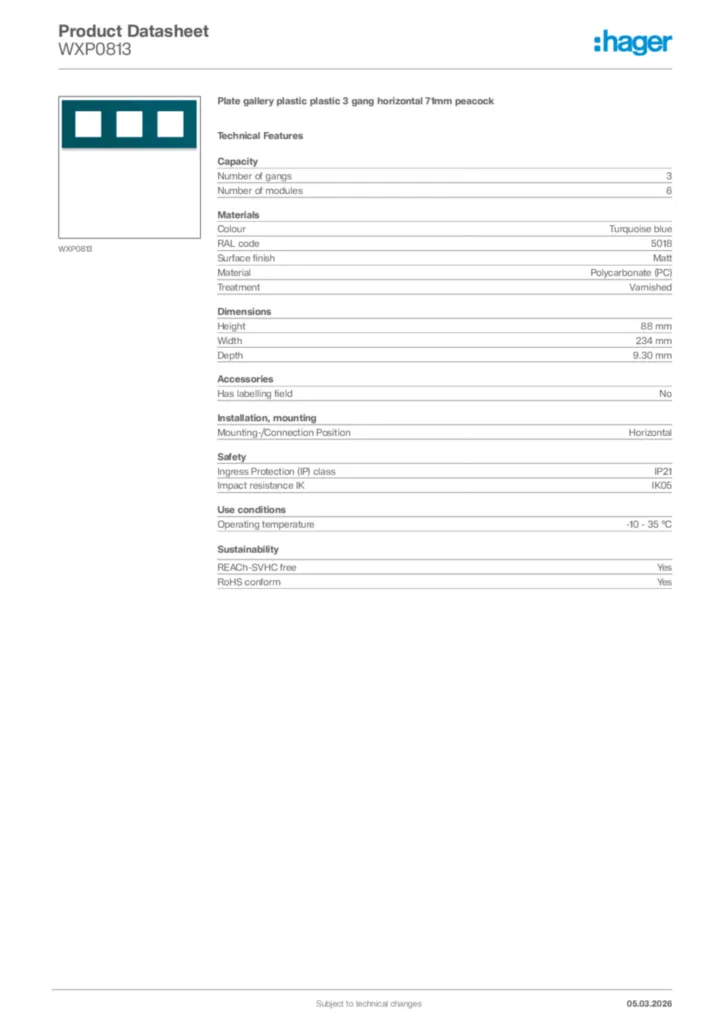 Image Hager Product data sheet WXP0813  | Hager Africa