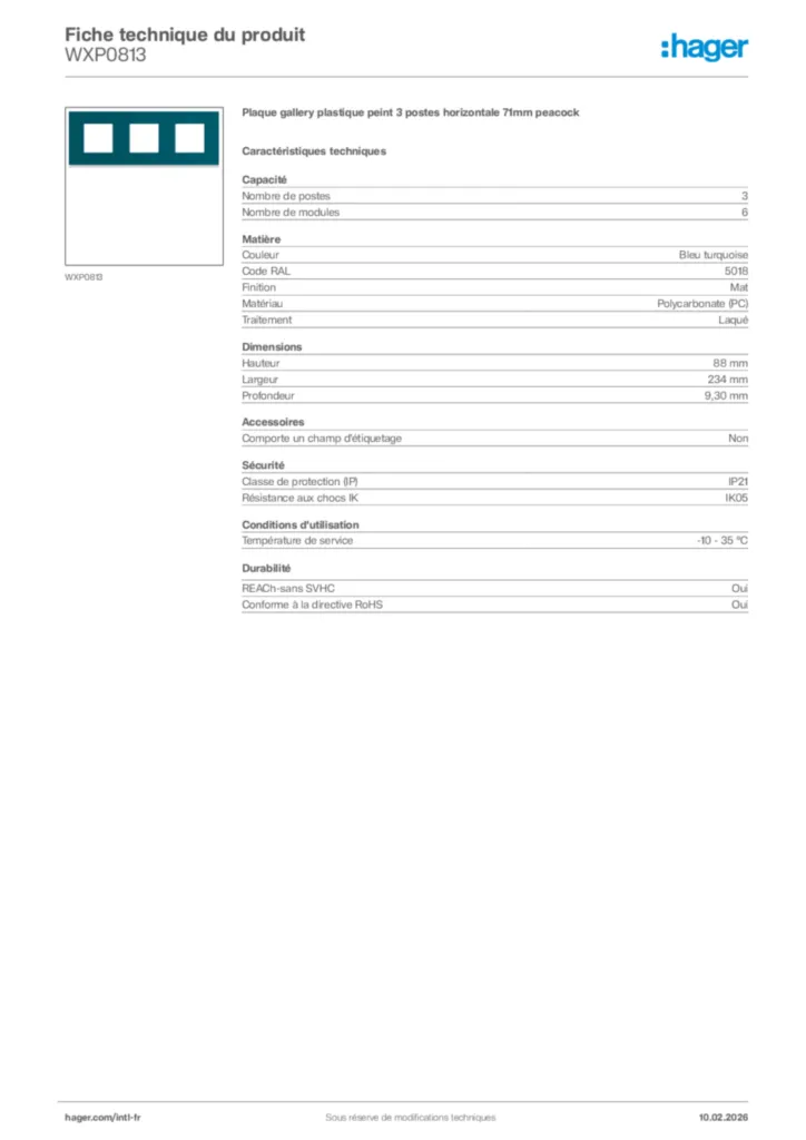 Image Hager Fiche technique du produit WXP0813 | Hager Afrique