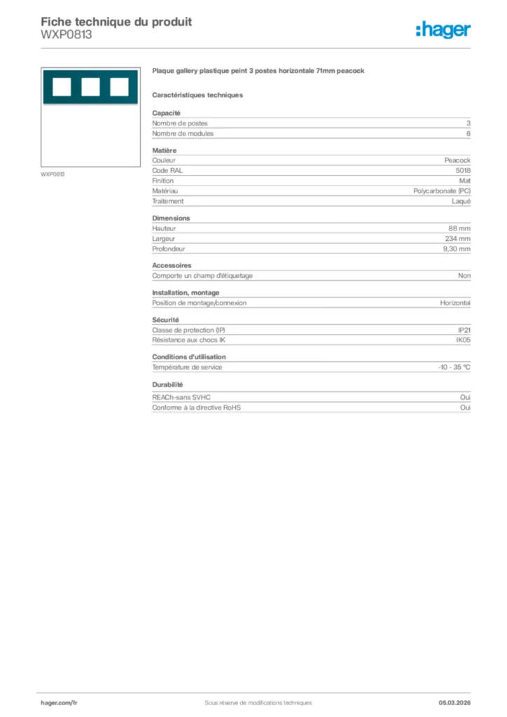 Image Hager Fiche technique du produit WXP0813 | Hager France