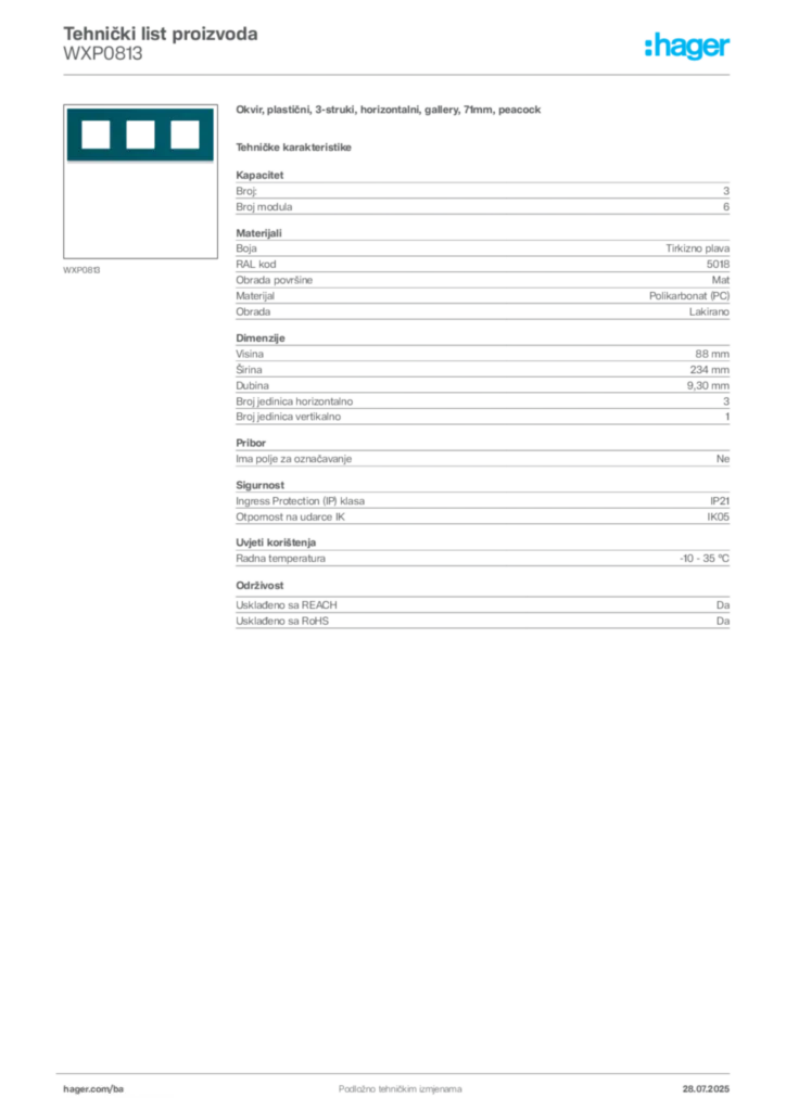 Slika Hager Product data sheet WXP0813  | Hager