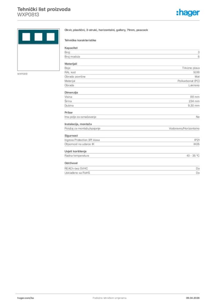 Slika Hager Tehnički list proizvoda WXP0813  | Hager