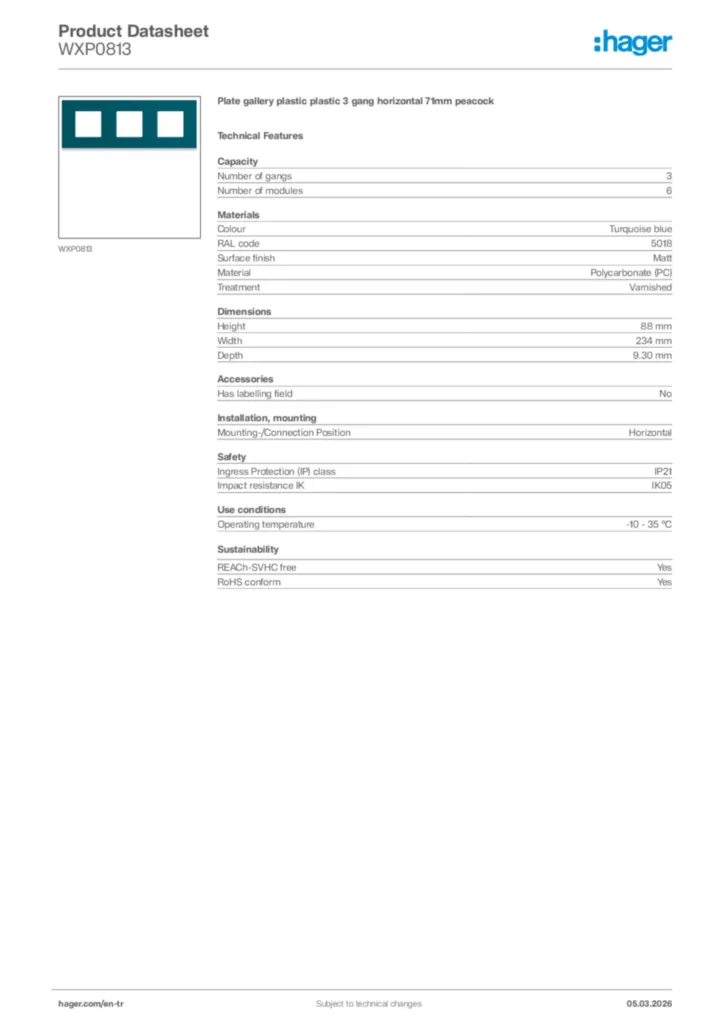 Image Hager Product data sheet WXP0813  | Hager