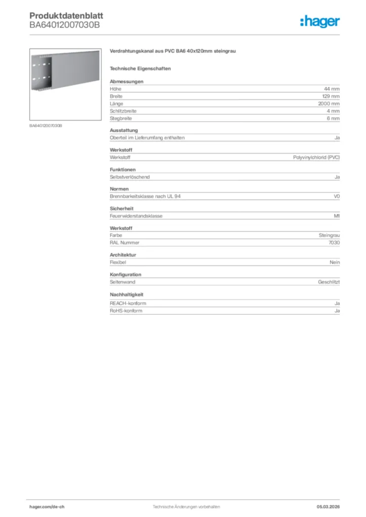 Bild Hager Produktdatenblatt BA64012007030B | Hager Schweiz