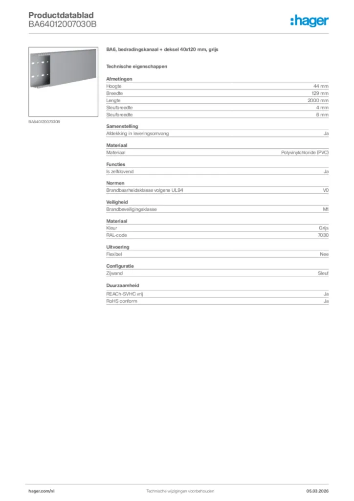 Afbeelding Hager Productdatablad BA64012007030B | Hager Nederland