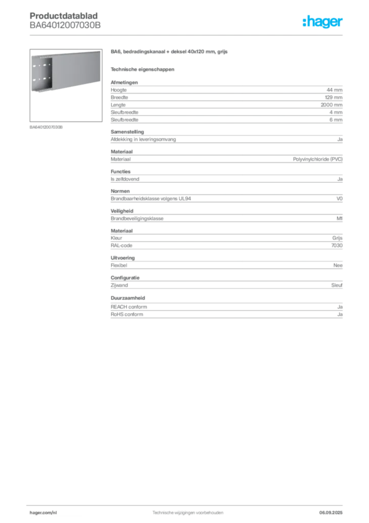 Afbeelding Hager Productdatablad BA64012007030B | Hager Nederland